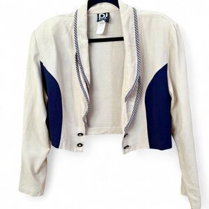 90s VTG Cream + Navy Color Block Cropped Blazer Bolero Jacket size 14